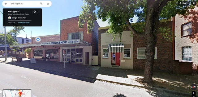 Google Street View showing the neighbouring shops, the former Highlands Bookshop frontage and 374 Argyle Street’s red door.