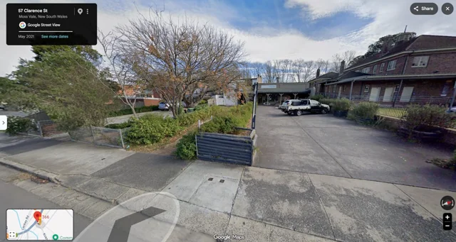 Google Street View looking across Clarence Street towards the rear gardens, driveways and buildings behind the Argyle Street frontages.