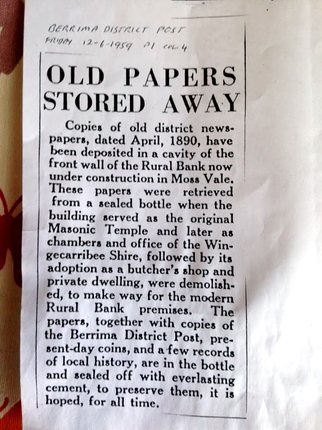 1959 Berrima District Post clipping about demolition of the former Masonic Temple