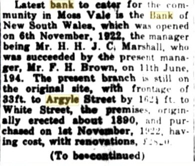 Historical account of the Bank of New South Wales in Moss Vale