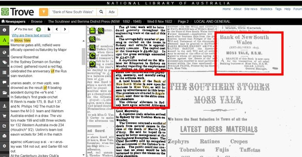 1922 newspaper report of the Bank of New South Wales opening in Moss Vale