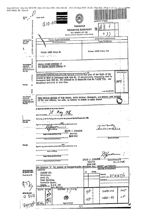 First page of the 1986 transfer releasing part of a right of way