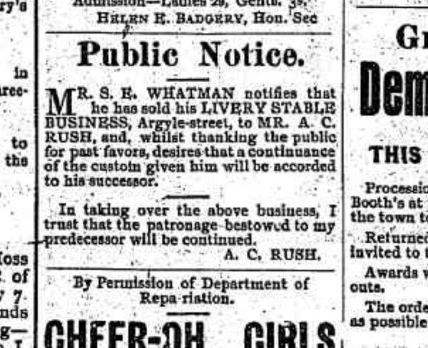 Whatman sells the livery business to A. C. Rush