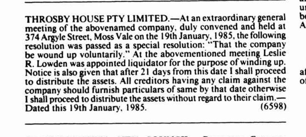 Government Gazette notice recording the voluntary winding up of Throsby House Pty Ltd