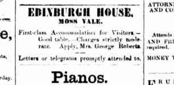 1889 newspaper advertisement for first-class accommodation at Edinburgh House in Moss Vale