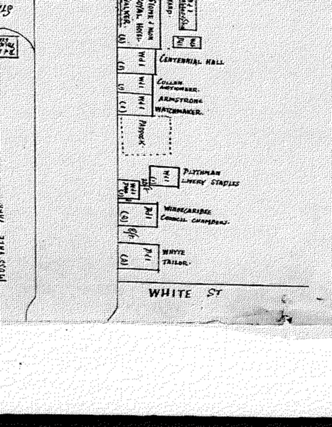 1911 Moss Vale town plan showing the weatherboard building at 374, Blythman's livery stables, the paddock and the council chambers